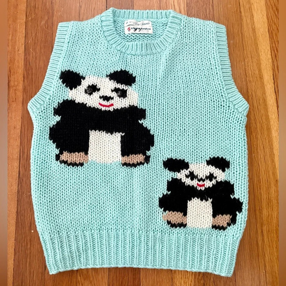Vintage Currants Hand Knit Panda Bear Sleeveless Sweater Vest Top Size Small - Picture 2 of 6